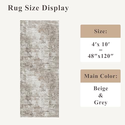 4x10 ft Beige Grey Abstract Non-Slip Washable Rug - Wide Floor Runner for Hallway & Living Room