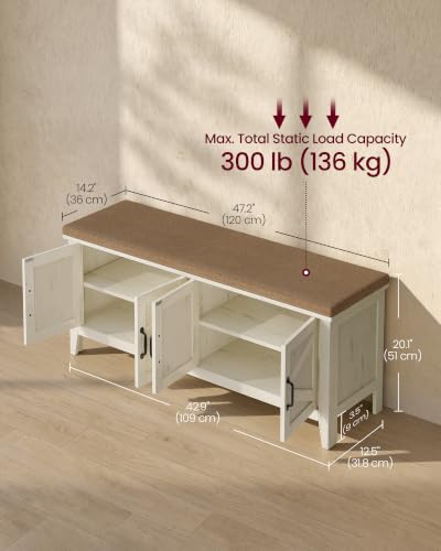 Farmhouse White & Walnut Shoe Bench with Cushion, 47.2-Inch Entryway Storage - Rustic White + Walnut Brown