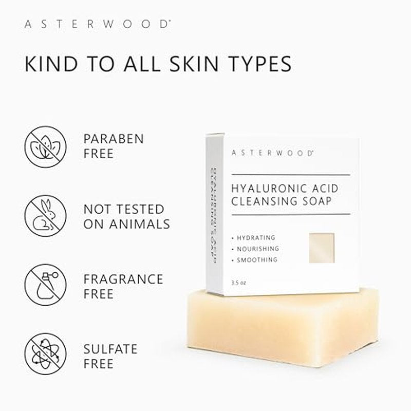 Asterwood Hyaluronic Acid Cleansing Face Soap - Facial Soap for Women & Men - Collagen Boosting, Hydrating, Plumping, Soothing Bar Soap - Fragrance-free, Suitable for Sensitive Skin (2 Pack)