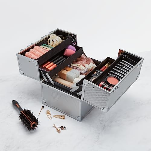 Conair Makeup Beauty Case - Cosmetic Case with Expandable Shelves and Locking Latch - Professional makeup case - Silver Diamond - London SOHO New York by Conair