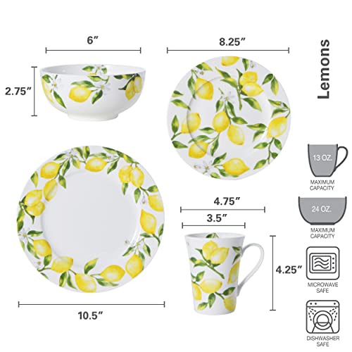 Lemons Bone China Dinnerware Set - Service for 4, Includes Plates & Mugs