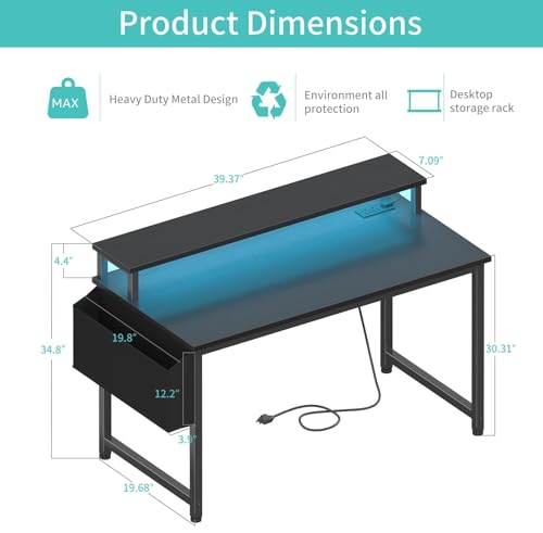 Lufeiya 39.4-Inch Gaming Desk with RGB LED Lights & Power Outlets, Monitor Stand, Black