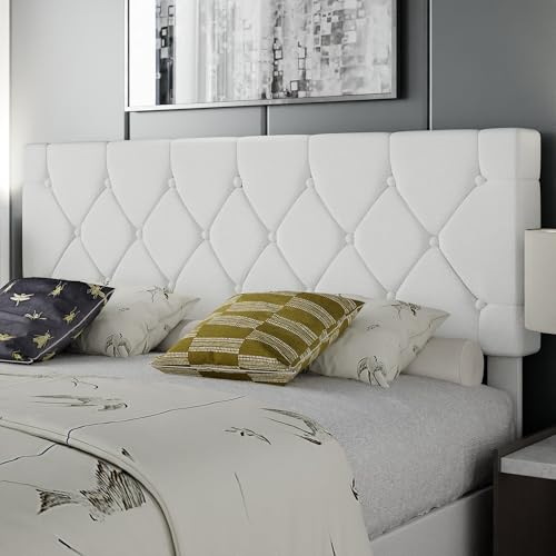 Queen Bed Frame with Upholstered Tufted Headboard - White, Adjustable & Noise-Free
