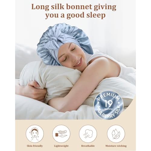 AWAYTR Long Silk Bonnet for Sleeping - 100% Mulberry Silk Bonnet for Women Long Hair Sleep Cap with Elastic Tie Band (Haze Blue)