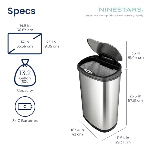 Ninestars 13 Gallon Oval Touchless Motion Sensor Trash Can - Silver & Black