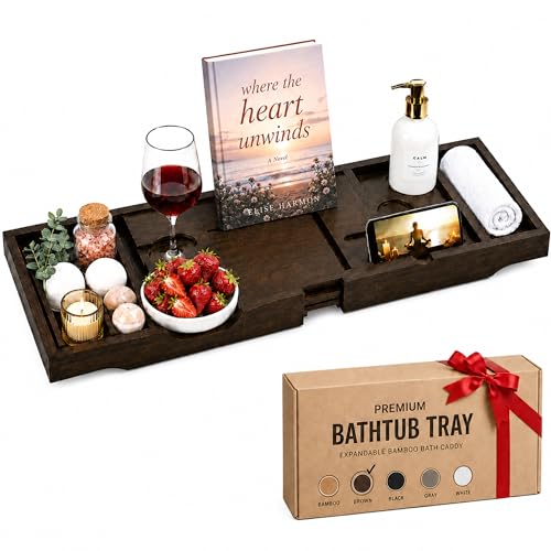 Bambüsi Brown Bamboo Expandable Bathtub Tray with Wine Holder & Book Stand
