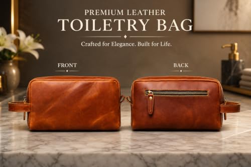 Leather Toiletry Bag for Men & Women - Tan Brown Travel Organizer