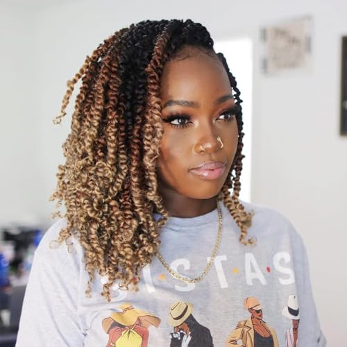 Pre-twisted Passion Twist Crochet Hair 10 Inch 8 Pack Ombre Black Blonde Brown - Soft & Bouncy Synthetic Extensions T1B/30/27