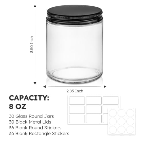 8 oz Glass Jars with Lids - Clear Candle & Storage Jars 30 Pack