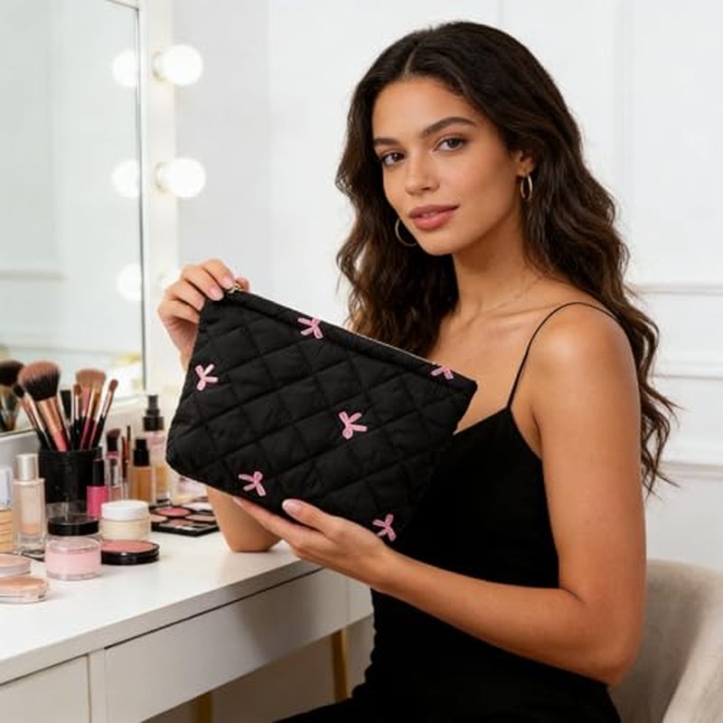 2Pcs Bowknot Makeup Bag Cute Bow Travel Cosmetic Bag Set for Women Girls Large Small Zipper Makeup Pouch for Purse Aesthetic Portable Toiletry Bag Organizer£¨Black£©