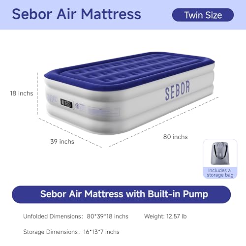 Sebor Blue 18-Inch Twin Self-Inflating Air Mattress with Built-In Pump & Storage Bag