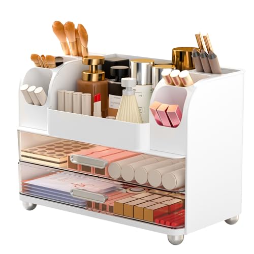 Makeup Organizer Countertop with 2 Large Drawers, Vanity Organizer with Brush Holder, Skin Care Storage for Dresser, Perfume Organizer for Lotion, Lipsitck, Palette(White)