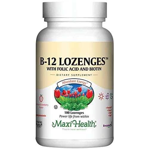 Maxi Health Vitamin B12 Lozenges with Folic Acid and Biotin - Sublingual B12 Vitamins Strawberry Flavor - Vegetarian Kosher B 12 Vitamin for Red Blood Cell Production and Energy (180 Count)