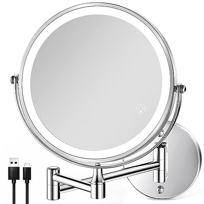 8.5 Inch Rechargeable Wall Mounted Lighted Makeup Mirror, Double-Sided 1X/10X LED Magnifying Vanity Mirror with Lights, 3 Color Lights Touch Screen Dimmable 360¡ÆSwivel 18 Inch Extendable - Chrome