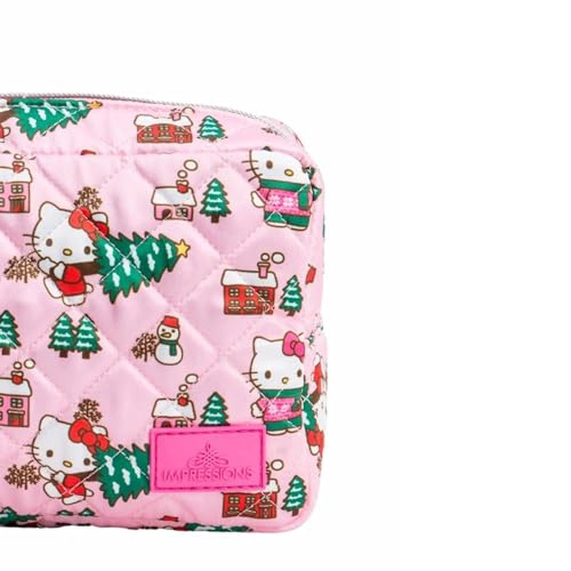 Impressions Vanity Hello Kitty Cozy Cosmetic Pouch for Women, Travel Makeup Bag Organizer Diamond Quilted Exterior with Slip Pocket and Zipper Pocket Silver Hardware, Holiday Artwork Polyester