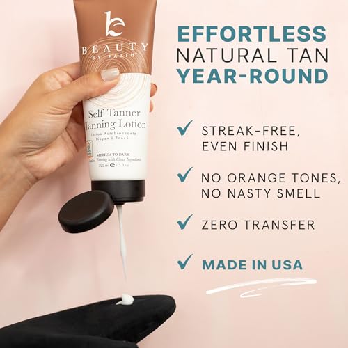 Self Tanner Kit - USA Made with Organic & Natural Ingredients, Tanning Lotion with Glove, Exfoliating Mitt & Kabuki Body Brush, Non Toxic Gradual Tan Lotion, Streak Free & No Orange Tones
