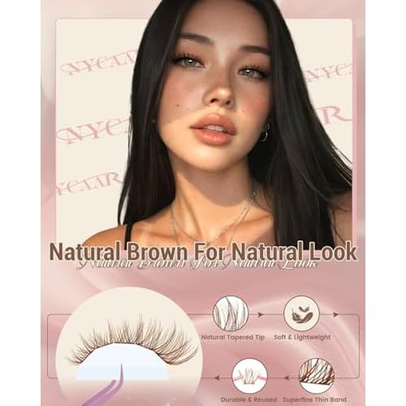 Lash Clusters Kit Brown Lash Clusters with White Clusters Glue and Clear Seal 8-16mm Wispy Cluster Eyelash Extension Kit D Curl 144pcs Brown Natural Lashes Cluster DIY Lash Extension Kit