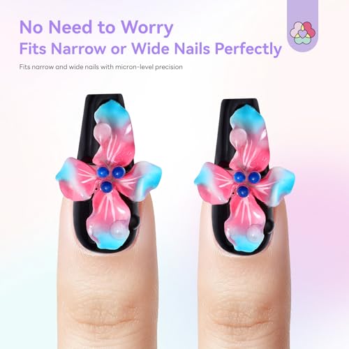 Handmade Press On Nails Almond 3D Hand Painted Flower Fake Nails with Cherry Droplet Designs Reusable Stick On Kit