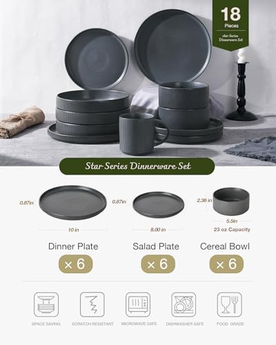 Famiware Matte Dark Charcoal Star Dinnerware Set - 18 Piece Stoneware for 6