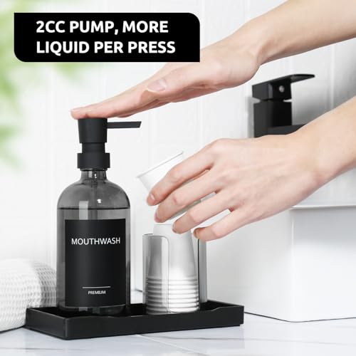Mouthwash Dispenser for Bathroom, Glass Mouth Wash Pump Dispenser with Cup Holder, 17 Fl Oz Mouthwash Bottle Decanter with Tray, Refillable Mouthwash Dispenser Container (Clear Black)