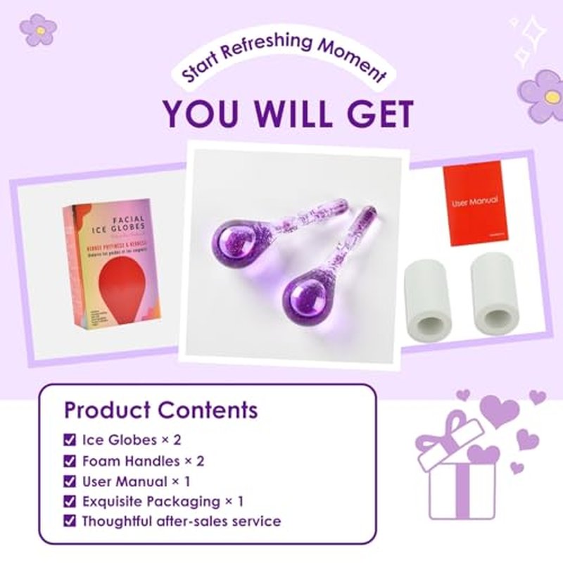 Facial Ice Globes, Cryo Cooling Balls with Anti-Slip Handle for Face, Eyes & Neck, Relaxing Beauty Massage Tool for Soothing and Refreshing Skincare Routine, Glitter Purple