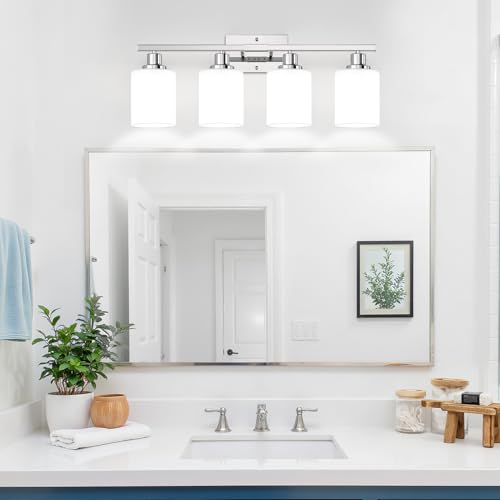 Chrome 4-Light Vanity Light with Milky White Shades - Modern Bathroom Fixture