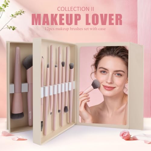Lorvelane Matte Pink 12-Piece Professional Makeup Brush Set with Case