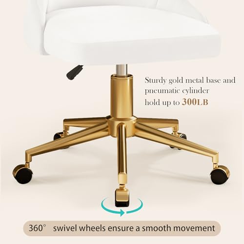VECELO Cream White Velvet Vanity Desk Chair with Height Adjustment & 360° Swivel, Gold Base