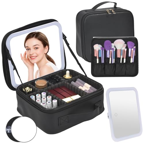 Yaliang Travel Makeup Bag with Lighted Mirror & 8 EVA Dividers, Black (Variation: Black-8 Dividers)