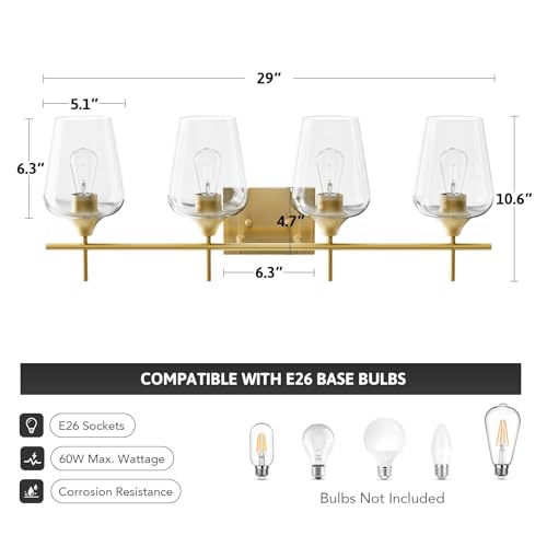 VONLUCE 4-Light Bathroom Vanity Light Fixture in Brushed Gold - Modern Industrial Style