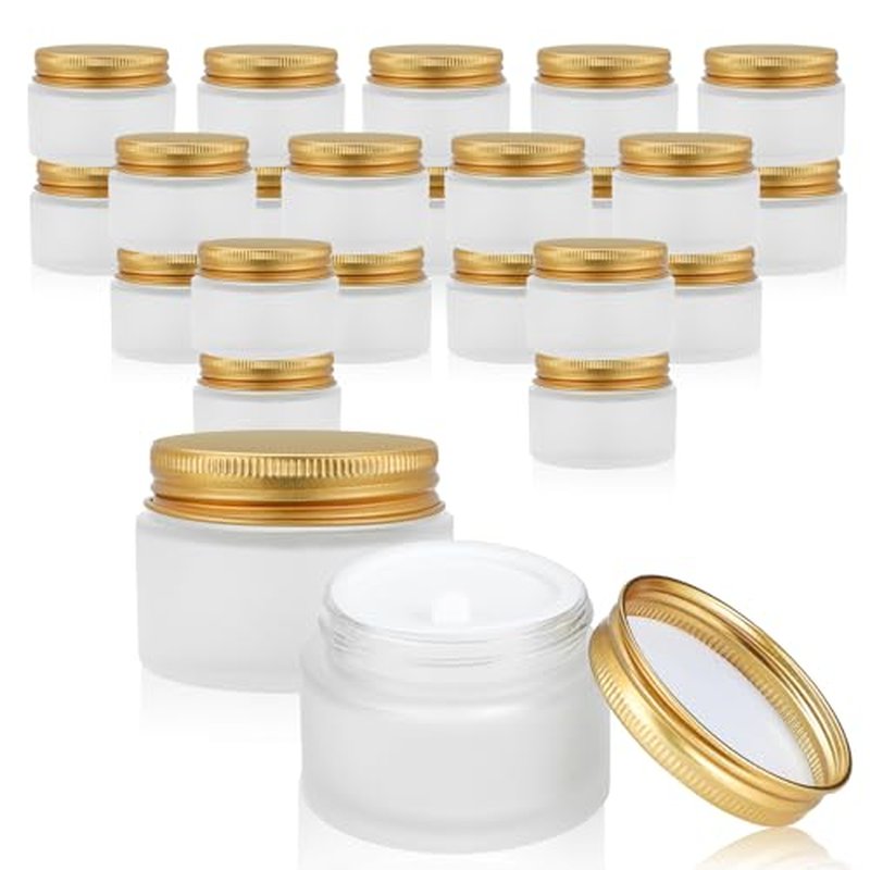 24 pack 10ml Frosted Glass Jars with Gold Lids Small Empty Travel Lotion Containers with Inner Liner Airtight Cosmetic Holder with Labels for Lip Balm Creams Body Butter