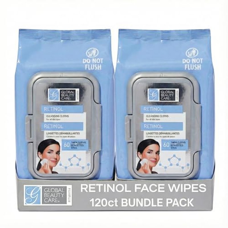 Global Beauty Care Retinol Makeup Remover Wipes - Gentle Daily Facial Cleansing Wipes for Sensitive Skin, Anti-Aging, Hydrating & Renewing For Radiant Smooth Skin, Travel-Friendly, 60 Count (2-Pack)