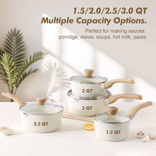 Ceramic Saucepan Set 2.0 & 3.0 Quarts Nonstick Cookware with Lid, Induction Suitable, White Variation