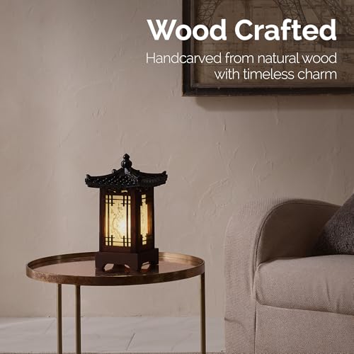 Korean Wooden Table Lantern - Handmade Pagoda Accent Light with Brown House Variation