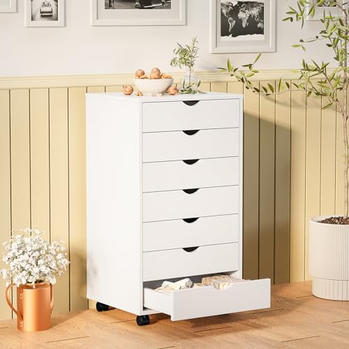 White 7-Drawer Rolling Storage Cabinet - Mobile Wood Dresser for Home & Office