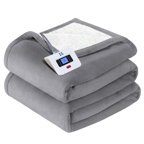 Twin Size Heated Blanket with Digital Controller - Flannel & Sherpa, Auto Off, Light Grey