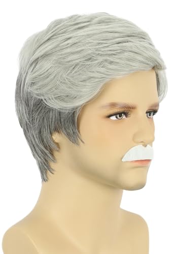 Grandpa Old Man Short Grey White Wig with Mustache - White Variation
