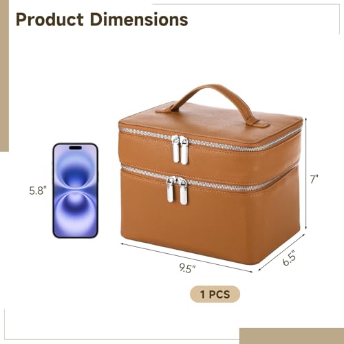 OMISTAR Brown Large Capacity Makeup Vanity Bag with Removable Liner Waterproof PU Leather