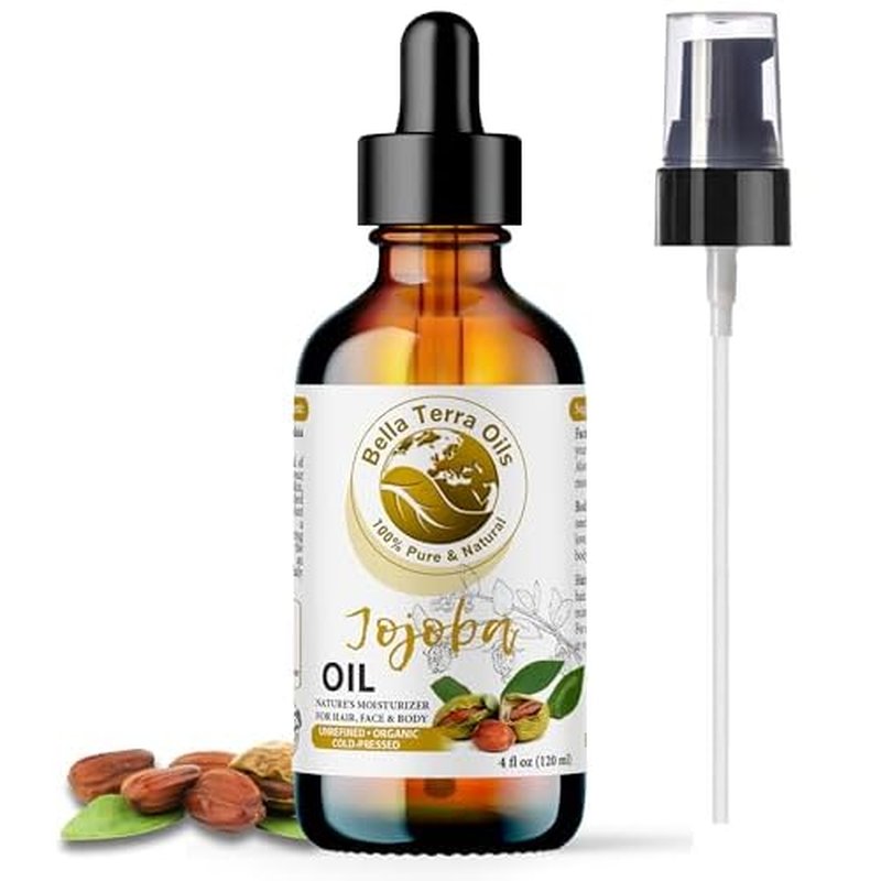 Bella Terra Oils - Organic Jojoba Oil 4oz - Cold-Pressed Excellence, Non-Comedogenic, Bathed in Vitamin C & E, For Those Seeking the Best Oils for Skin