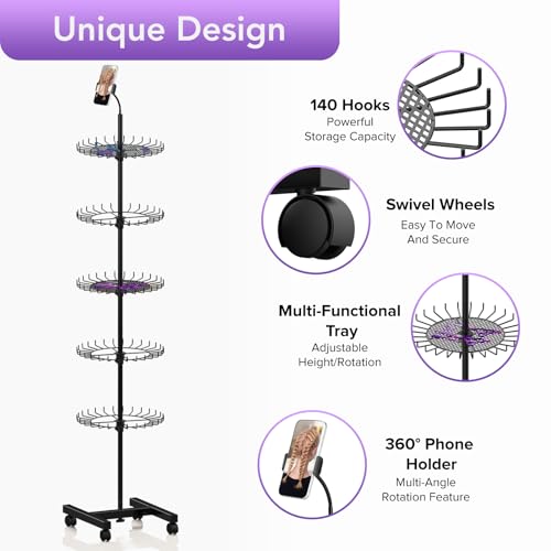 Braiding Hair Rack - Hair Racks for Braiders Standing With Tray and Wheels,140 Pegs Divider Stand & With Phone Holder Adjustable Rotation Hair Stand for Hair Stylist / Salon / Home User (Black)