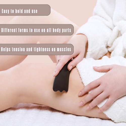 Gua Sha Facial Tools Set of 4 - Premium Bian Stone for Face & Body: Glowing Massage, Daily Skincare Routine, Age-Rewinding, Face Lifting & Slimming Beauty Kit for Woman Man(Black)
