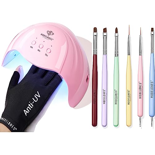 modelones Gel UV LED Nail Lamp with UV Gloves and Gel Top Coat and Base Coat, 2Pcs 10ml Gel Nail Polish No Wipe Top Coat Set, Glossy Shine Long Lasting LED Soak Off For Home DIY and Nail Salon