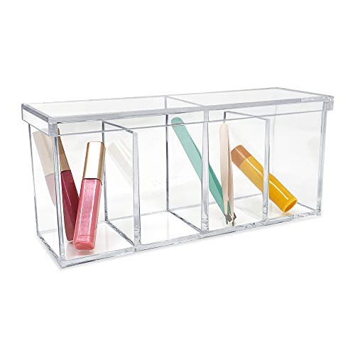 Isaac Jacobs 2-Pack 4-Compartment Clear Acrylic Organizers with Lid (9¡± L x 3¡± W x 4¡± H), Makeup Brush Holder, Sectional Tray, Storage Solution for Makeup, Crafts, Office Supplies & More (2, Clear)