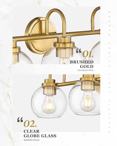 Gold 3-Light Bathroom Vanity Light Fixtures with Globe Clear Glass - Up/Down Mount