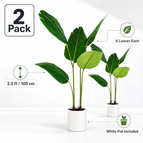 Bird of Paradise Artificial Plant Set - 3.3 ft Tall Faux Banana Leaf Tree, 2 Pack
