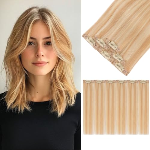10 Inch Ash Blonde Clip-in Human Hair Extensions - Short, Seamless, 6-Piece Set