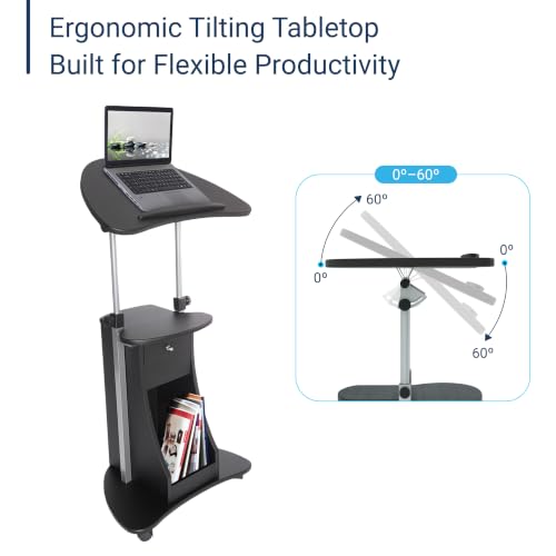 Black Adjustable Height Rolling Laptop Cart with Storage and Tilting Desktop — Techni Mobili