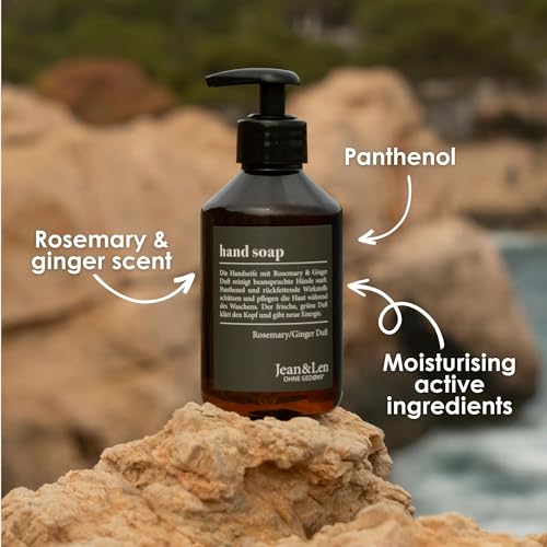 Jean & Len Hand Soap Rosemary & Ginger, gently cleanses stressed hands, suitable for daily use, liquid soap in pump dispenser, fresh and spicy fragrance 8.45 Fl. Oz.