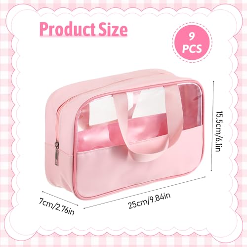 9 Pcs Translucent Make up Bag Pink Big Travel Cosmetic Makeup Toiletry Bag with Handle and Zipper Waterproof Portable Cosmetic Travels Bags for Travel Toiletries Accessories, 10.2 x 6.3 x 2.8 Inches