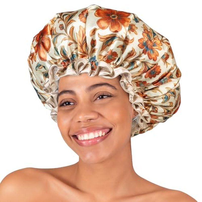 mikimini Large Shower Cap for Women Reusable Waterproof, Extra Large Hair Cap with Adjustable Elastic Band and Vibrant Floral Print, XL Bath Cap for Long Hair & Short Hair